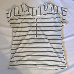 Striped Short Sleeve Work Blouse with Zipper